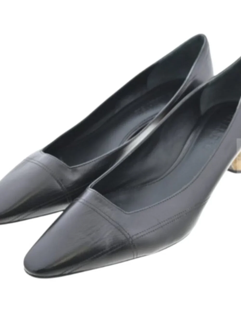JIL SANDER Black Leather Pumps Gold Metallic Heel Pointed Toe Kitten Heel 38.5